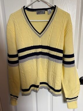 Aureus vintage v-neck cable knit sweater yellow w navy & gray trim med - flaws